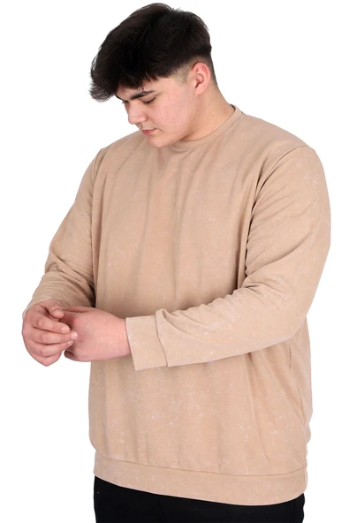 Mode XL Büyük Beden Erkek Bisiklet Yaka Sweatshirt Asit Yıkama Interlok U24175 Bej - Resim 2