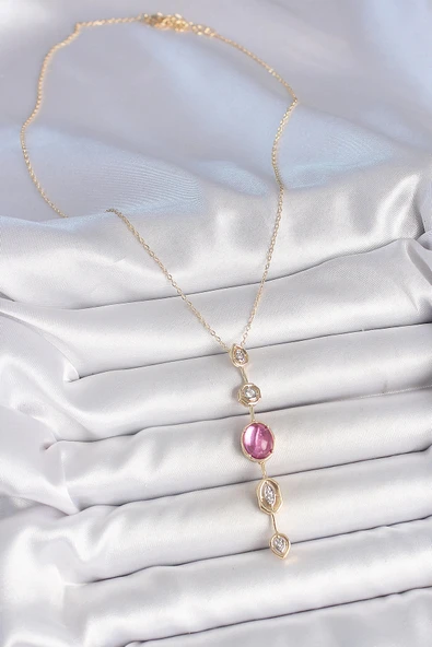 pilelistore Pirinç Zincir Gold Renk Pembe Zirkon Taşlı Y Kolye - TJ-BKO10228 - 2