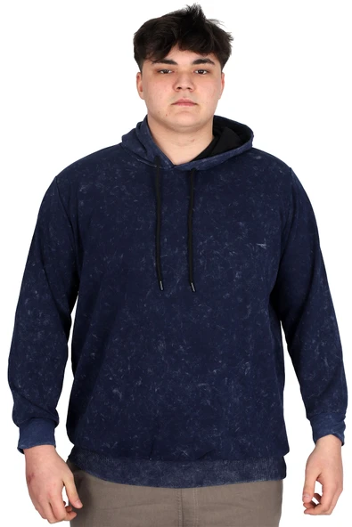 Mode XL Büyük Beden Erkek Kapüşonlu Sweatshirt Asit Yıkama Interlok U24167 Lacivert ürün görseli 1