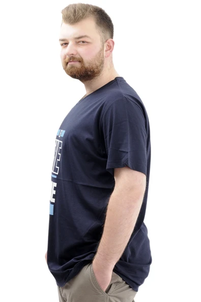 Mode XL Büyük Beden Erkek Baskılı T-Shirt BEGIN U24056 Lacivert - Resim 2