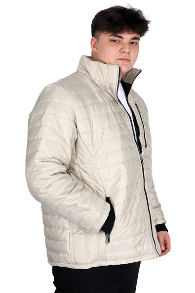 Mode XL Büyük Beden Erkek Dik Yaka Kapitone Mont U24613 Bej - 2