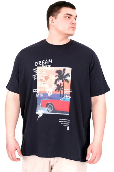 Mode XL Büyük Beden Erkek Baskılı T-Shirt Palm Dream U25026 Lacivert - Resim 4