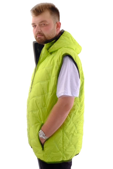 Mode XL Büyük Beden Erkek Kapüşonlu Fermuarlı Şişme Yelek U24700 Yeşil - 2