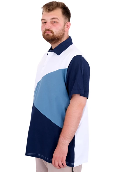 Mode XL Büyük Beden Erkek T-Shirt Polo Yaka Parçalı 25313 Beyaz - Resim 2