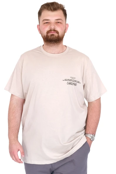 Mode XL Büyük Beden Erkek T-Shirt Bisiklet Yaka Compaes U25021 Bej ürün görseli