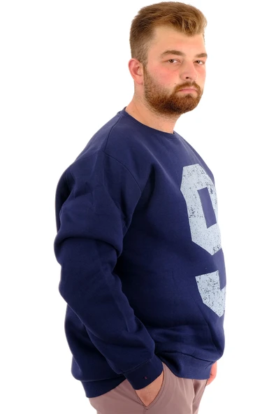 Mode XL Büyük Beden Erkek Sweatshirt 3 İplik Şardonlu Baskılı NINE U24528 İndigo - Resim 3