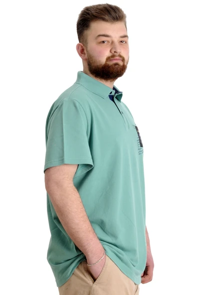 Mode XL Büyük Beden Erkek T-shirt Polo Parçalı NYC 23332 Çağla - Resim 3