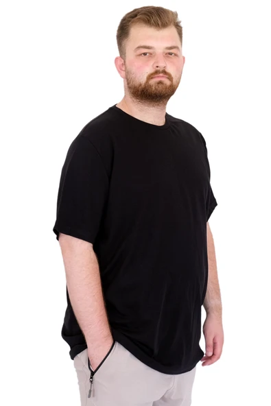 Mode XL Büyük Beden Erkek T-Shirt Bisiklet Yaka U25035 Siyah - Resim 3