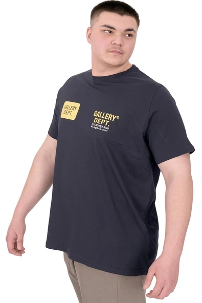 Mode XL Büyük Beden Erkek T-Shirt Bisiklet Yaka Gallery Dept U25003 Lacivert - Resim 5
