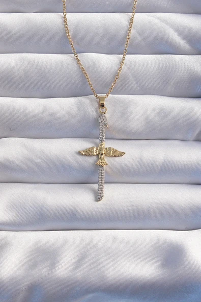 pilelistore 316L Çelik Zincir Gold Renkli Zirkon Taşlı Kılıç Model Anka Kuşu Kolye - TJ-BKO8986