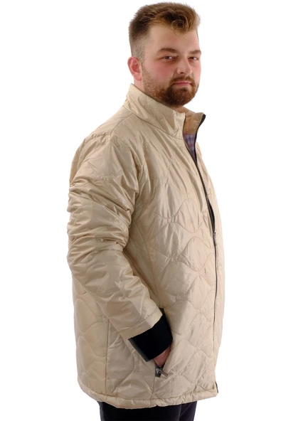 Mode XL Erkek Büyük Beden Dik Yaka Ribanalı Kol Fermuarlı Mont U24611 Bej - 3