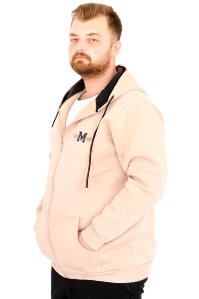 Mode XL Büyük Beden Erkek Kapüşonlu Fermuarlı Sweatshirt U25803 Bej - Resim 2