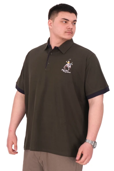 Mode XL Büyük Beden Erkek T-Shirt Polo Yaka Nakış Detaylı U25311 Haki - Resim 4