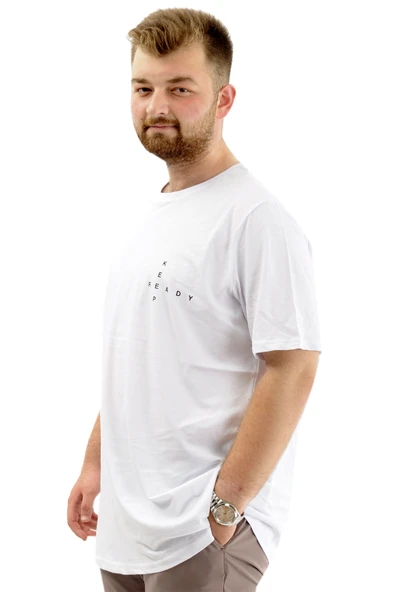 Mode XL Büyük Beden Erkek Tişört Baskılı Bisiklet Yaka Yumuşak Dokulu U24083 Beyaz - Resim 2