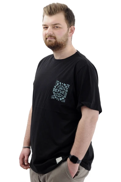 Mode XL Büyük Beden Erkek Tişört Bisiklet Yaka Baskılı Cep Detaylı T-Shirt REFUEL U24053 Siyah - Resim 2
