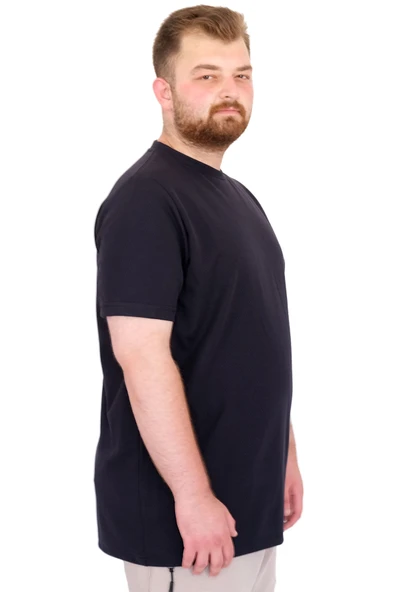 Mode XL Büyük Beden Erkek T-Shirt Bisiklet Yaka Dore U25034 Lacivert - Resim 3