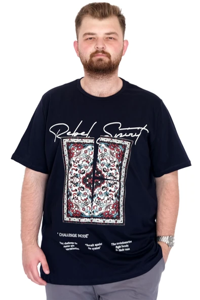 Mode XL Büyük Beden Erkek T-Shirt Bisiklet Yaka REBEL U25039 Lacivert ürün görseli