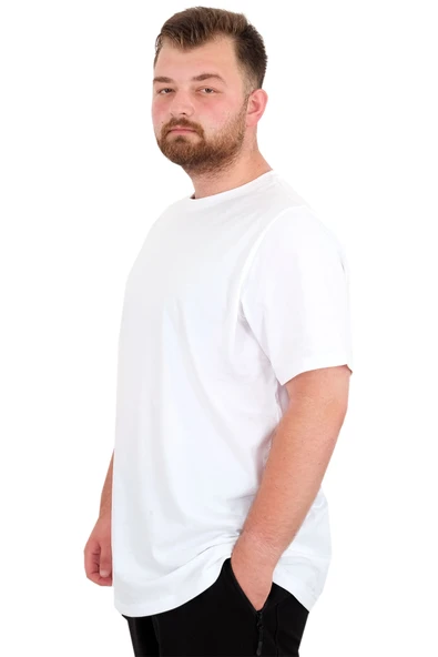 Mode XL Büyük Beden Erkek T-Shirt Bisiklet Yaka Basic U25162 Beyaz - Resim 2