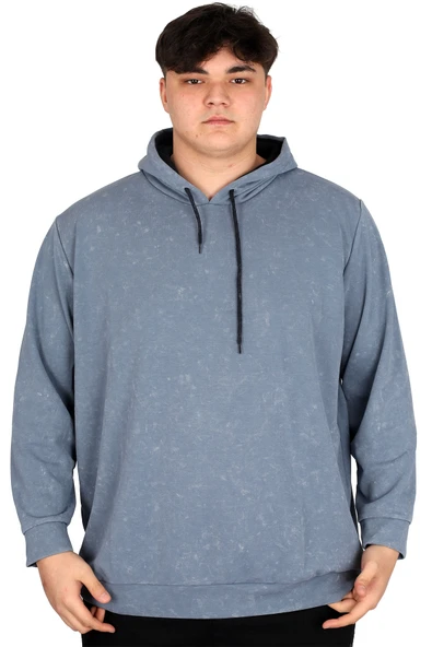 Mode XL Büyük Beden Erkek Kapüşonlu Sweatshirt Asit Yıkama Interlok U24167 Mavi ürün görseli