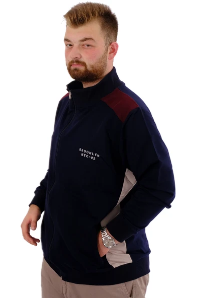 Mode XL Büyük Beden Erkek Eşofman Üstü Dik Yaka Fermuarlı BROOKLYN U24522 Lacivert - Resim 2