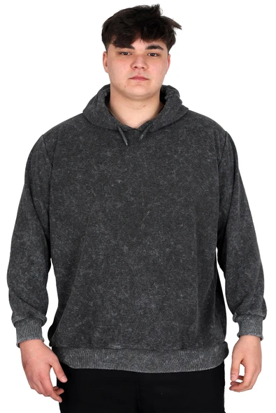 Mode XL Büyük Beden Erkek Kapüşonlu Sweatshirt Asit Yıkama Interlok U24167 Gri