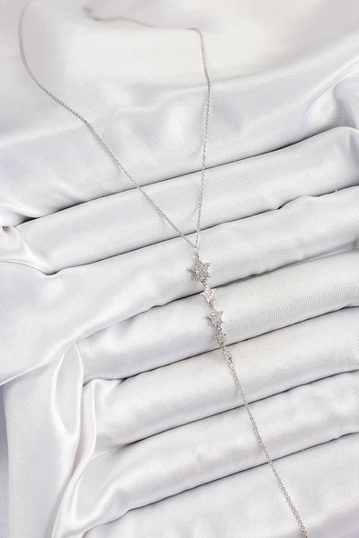 pilelistore Pirinç Zirkon Taşlı Sıralı Yıldız Figürlü Y Model Gümüş Renk Kadın Kolye - TJ-BKO10313 - 2