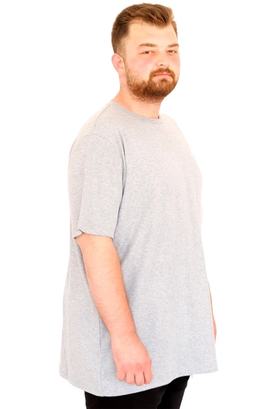 Mode XL Büyük Beden Erkek T-Shirt Bisiklet Yaka U25035 Gri Melanj - Resim 3