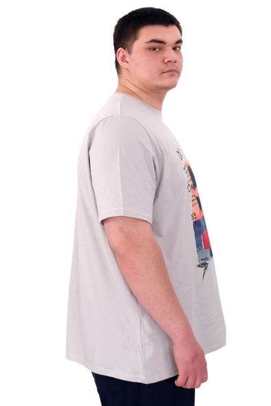 Mode XL Büyük Beden Erkek Baskılı T-Shirt Palm Dream U25026 Gri - Resim 3