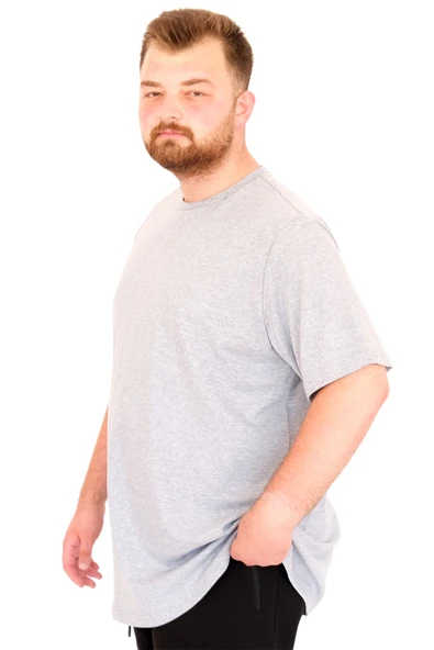 Mode XL Büyük Beden Erkek T-Shirt Bisiklet Yaka U25035 Gri Melanj - Resim 2