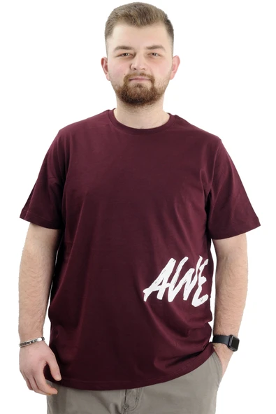 Mode XL Büyük Beden Erkek Bisiklet Yaka T-Shirt Baskılı AWESOME U24038 Mürdüm ürün görseli 1