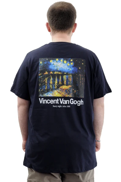 Mode XL Büyük Beden Baskılı Erkek T-Shirt Bisiklet Yaka VAN GOGH U24040 Lacivert - Resim 4