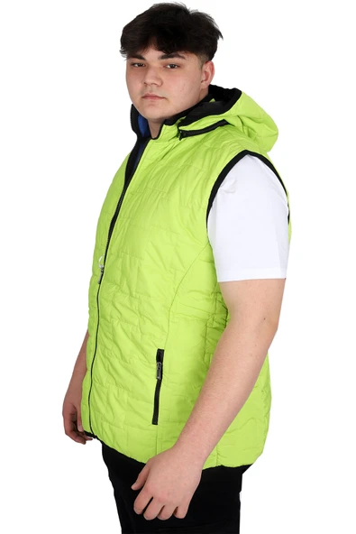 Mode XL Büyük Beden Erkek Kapüşonlu Fermuarlı Şişme Yelek U24700 Koyu Yeşil - Resim 3