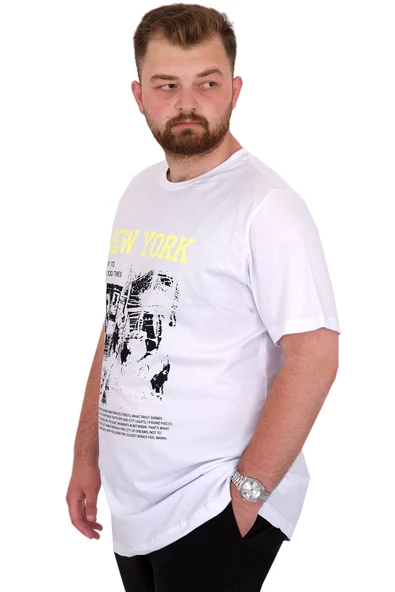 Mode XL Büyük Beden Erkek T-Shirt Bisiklet Yaka NEW YORK U25036 Beyaz - Resim 2
