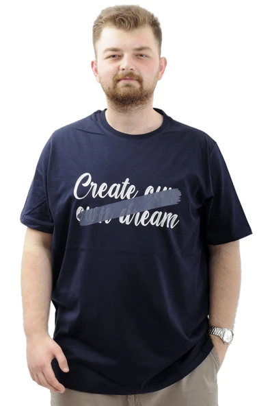 Mode XL Büyük Beden Erkek Tişört Baskılı Pamuklu Bisiklet Yaka CREATE U24079 Lacivert ürün görseli 1
