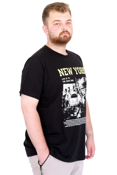 Mode XL Büyük Beden Erkek T-Shirt Bisiklet Ysks NEW YORK U25036 Siyah - Resim 3