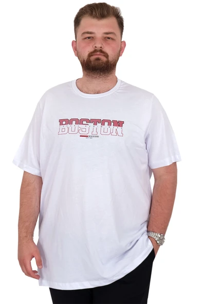 Mode XL Büyük Beden Erkek T-Shirt Bisiklet Yaka BOSTON U25037 Beyaz ürün görseli 1