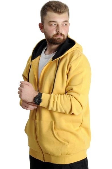 Mode XL Büyük Beden Erkek Sweat Kapüşonlu Fermuarlı Outsider 23547 Hardal - Resim 2