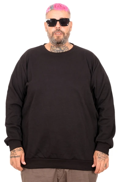 Mode XL Büyük Beden Erkek Bisiklet Yaka Sweatshirt Basic U22465 Siyah - Resim 5