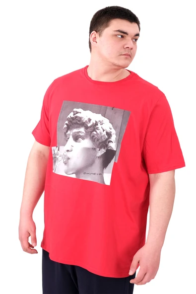 Mode XL Büyük Beden Erkek T-Shirt Bisiklet Yaka STATUE U25027 Kırmızı - Resim 4