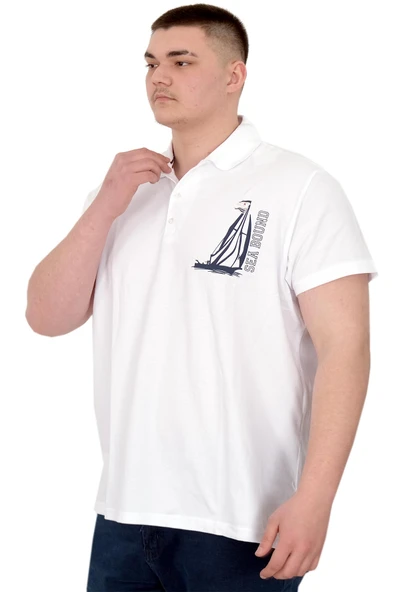 Mode XL Büyük Beden Erkek T-Shirt Polo Sea Bound U25303 Beyaz - Resim 4