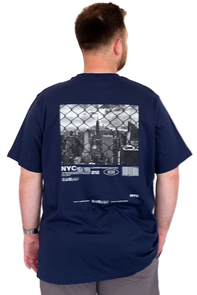 Mode XL Büyük Beden Erkek T-Shirt Bisiklet Yaka NYC New York U25019 İndigo - Resim 4