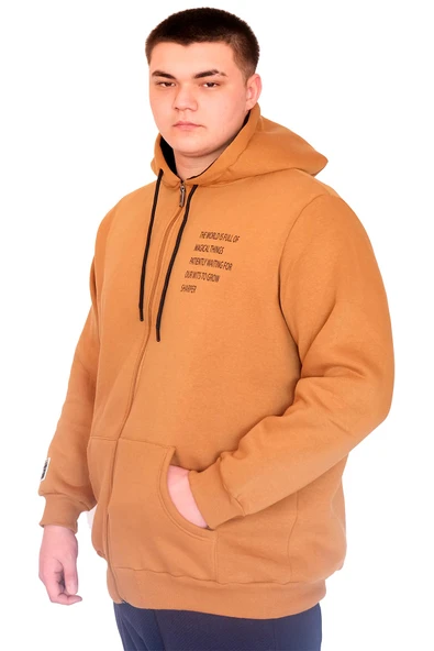 Mode XL Büyük Beden Erkek Kapüşonlu Sweatshirt Fermuarlı 3 İp BRONX U24560 Camel - 3