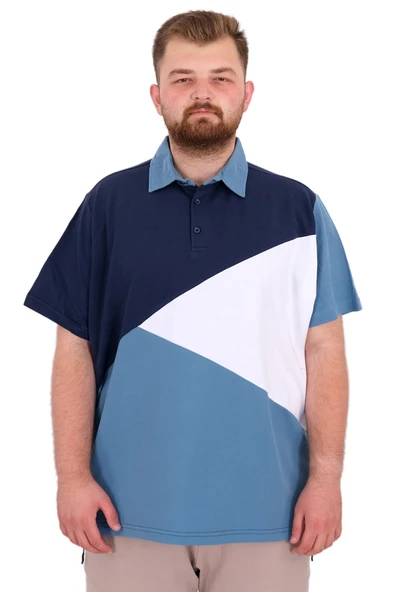 Mode XL Büyük Beden Erkek T-Shirt Polo Yaka Parçalı 25313 İndigo ürün görseli 1