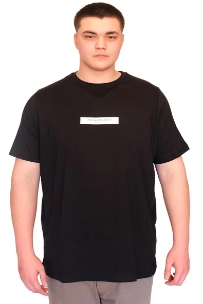 Mode XL Büyük Beden Erkek T-Shirt Bisiklet Yaka FACTS Baskılı U25012 Siyah ürün görseli 1
