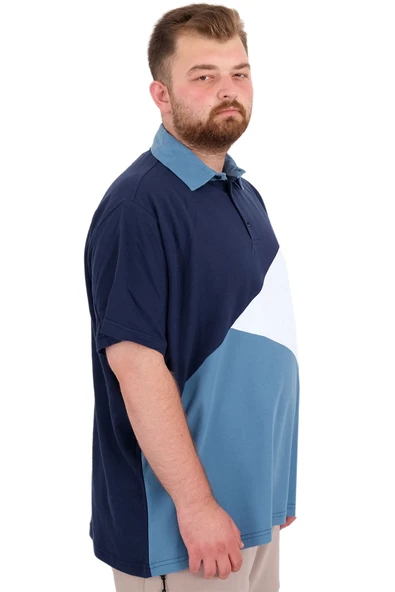 Mode XL Büyük Beden Erkek T-Shirt Polo Yaka Parçalı 25313 İndigo - Resim 3