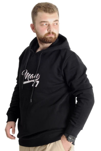 Mode XL Büyük Beden Erkek Sweatshirt Kapüşonlu 23540 Siyah - Resim 3