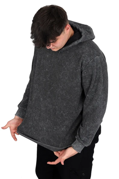 Mode XL Büyük Beden Erkek Kapüşonlu Sweatshirt Asit Yıkama Interlok U24167 Gri - 3