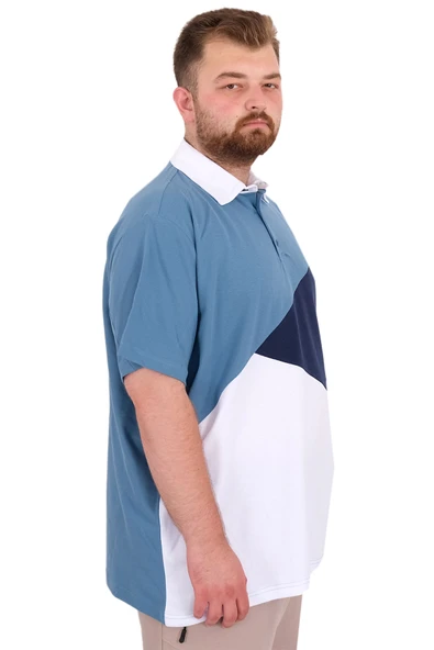 Mode XL Büyük Beden Erkek T-Shirt Polo Yaka Parçalı 25313 Mavi - Resim 3