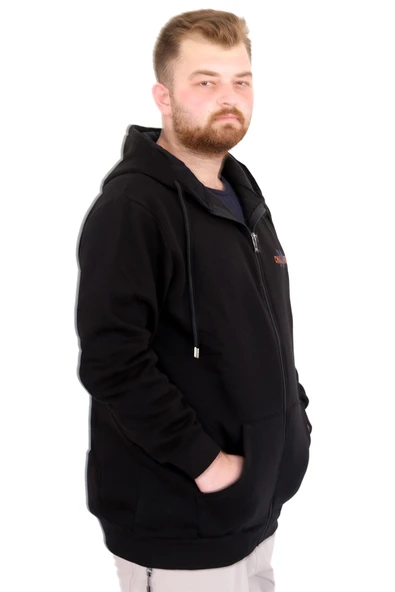 Mode XL Büyük Beden Erkek Kapüşonlu Fermuarlı Sweatshirt U25803 Siyah - Resim 3