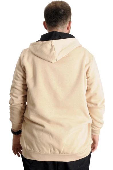 Mode XL Büyük Beden Erkek Kapüşonlu Sweatshirt New Port 23546 Bej - Resim 4